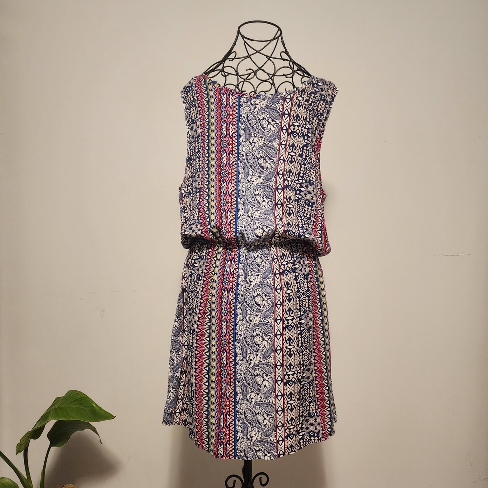 Jacqueline de Yong Mixed Paisley Geometric Print Blue Pink Mini Dress Size Large
